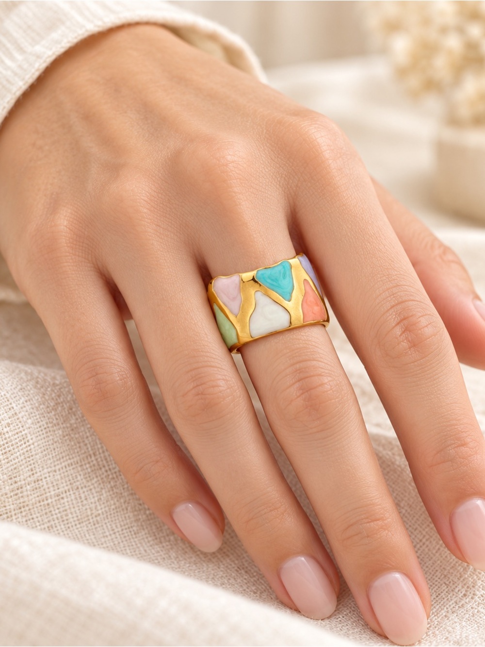 18K Gold Multi-Color Enamel Wide Band Ring Bohemian